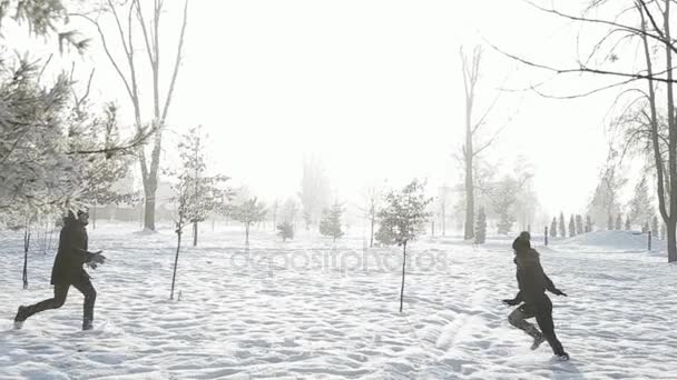 Een verliefde paar in sprookjesachtige winterweer speelt sneeuwballen — Stockvideo