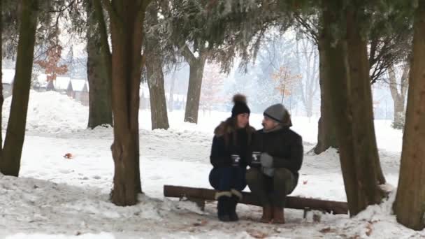 Um jovem casal em um inverno de conto de fadas é aquecido por uma bebida quente — Vídeo de Stock