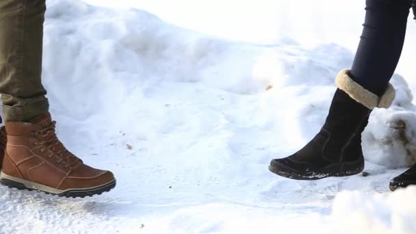 Романтическая прогулка пары по снежному парку в прекрасную зимнюю погоду — стоковое видео