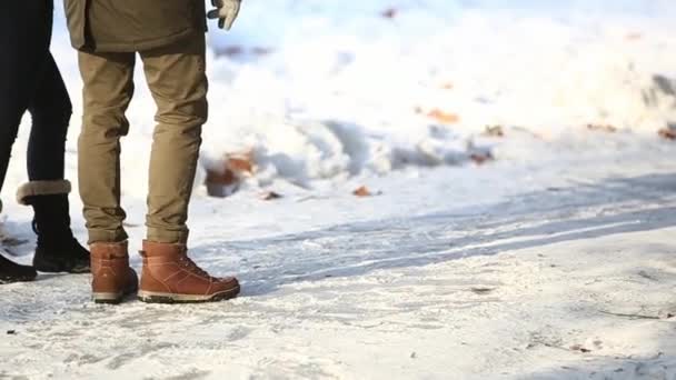 Un jeune homme et une fille vêtus de vêtements d'hiver chauds, profiter de la présence de l'autre dans un parc d'hiver enneigé — Video