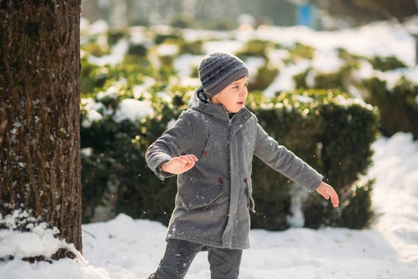 Bei perfektem Winterwetter posiert der Junge für den Fotografen — Stockfoto