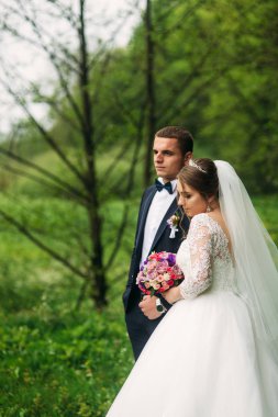 Yeni evliler düğün gününde parkta yürüyorlar. Gelin ve damat Enjoying düğün gününde. Güneşli havalarda. Bahar