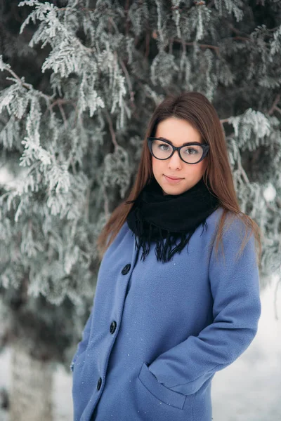 Mooie gelukkig jonge vrouw met zwarte brildragende winter jas kleur blauw kobalt en zwarte sjaal bedekt met sneeuwvlokken — Stockfoto