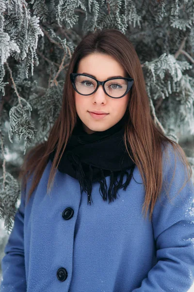 Bella felice giovane donna con occhiali neri indossa cappotto invernale colore blu cobalto e sciarpa nera coperta di fiocchi di neve — Foto Stock