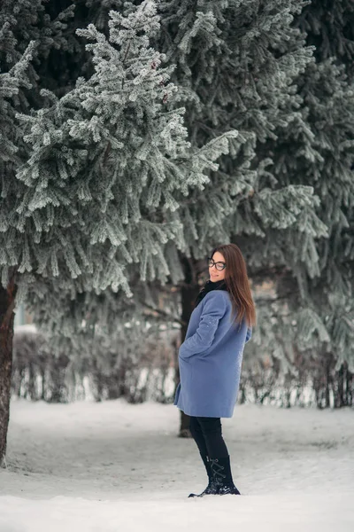 겨울 야외에서 아름 다운 소녀입니다. 여자에 둘러싸여 눈 덮인 나무 — 스톡 사진