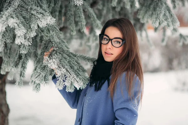 Mooi meisje in de winter buiten. Meisje wordt omringd door besneeuwde bomen — Stockfoto