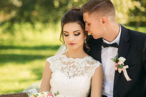 Um jovem casal de roupas de casamento está sentado em um banco em um parque. Tempo ensolarado — Fotografia de Stock