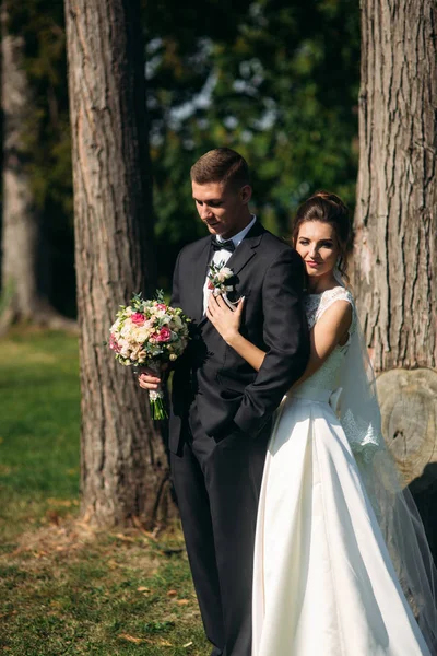 Lyckliga bruden och brudgummen efter vigseln. Soligt väder — Stockfoto