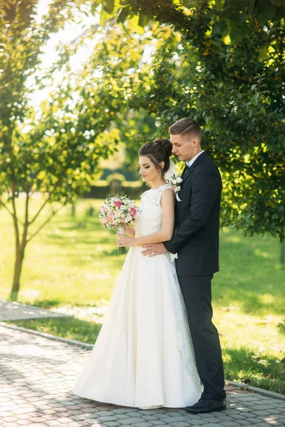 Bellissimi sposi che passeggiano nel parco ammirandosi a vicenda — Foto Stock