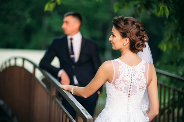 Giovane coppia, sposa e sposo a piedi e godersi il loro giorno del matrimonio. Splendore. Estate — Foto Stock