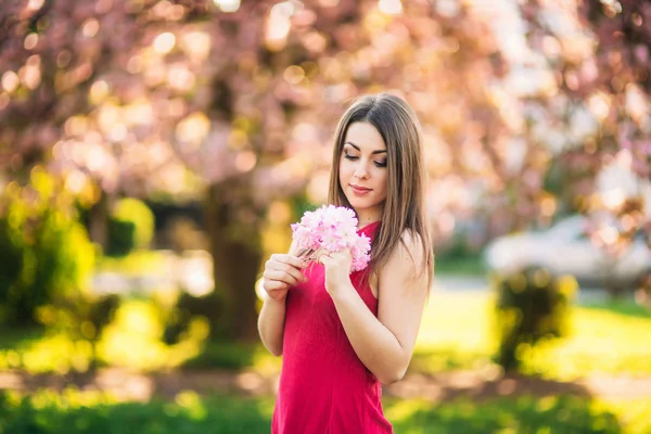 Bella ragazza in posa per il fotografo sullo sfondo di alberi rosa in fiore. Primavera. Sakura — Foto Stock