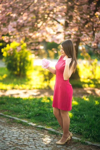 Красива дівчина позує з фотографом на тлі квітучих рожевих дерев. Весна. Сакура — стокове фото