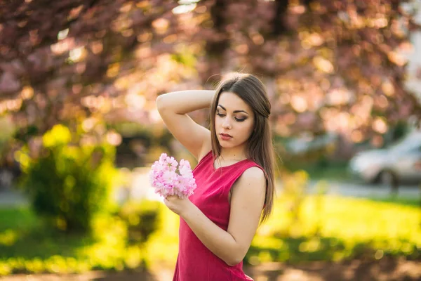 Giovane ragazza in posa per una foto. Alberi rosa in fiore sullo sfondo. Primavera. Sakura — Foto Stock