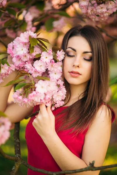Portret młodej dziewczyny, pozowanie do zdjęć. Różowy kwitnienia drzew w tle. Wiosną. Sakura — Zdjęcie stockowe