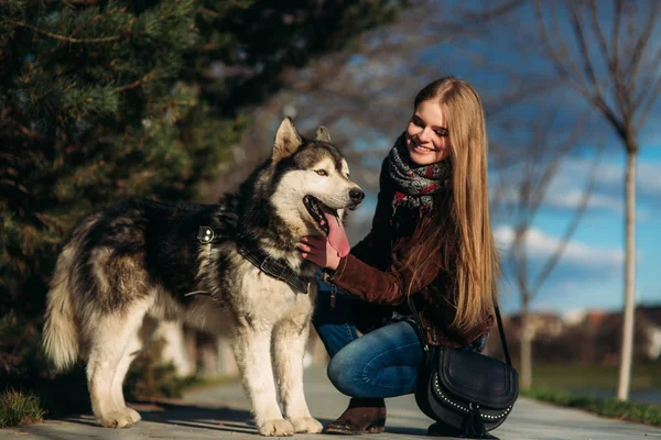 Una ragazza sorridente sta camminando con un cane lungo l'argine. Bellissimo cane husky — Foto Stock