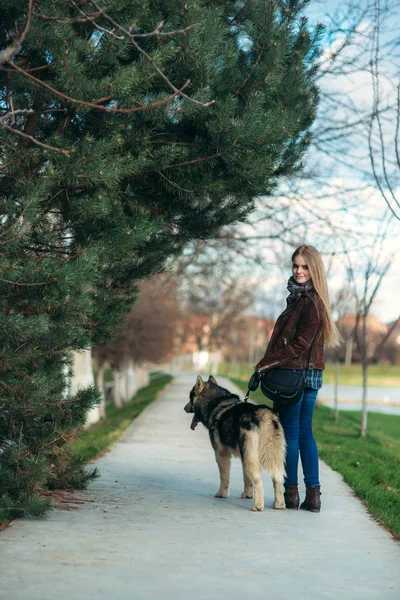 Ein Mädchen geht mit einem Hund die Böschung entlang. schöner Husky-Hund — Stockfoto