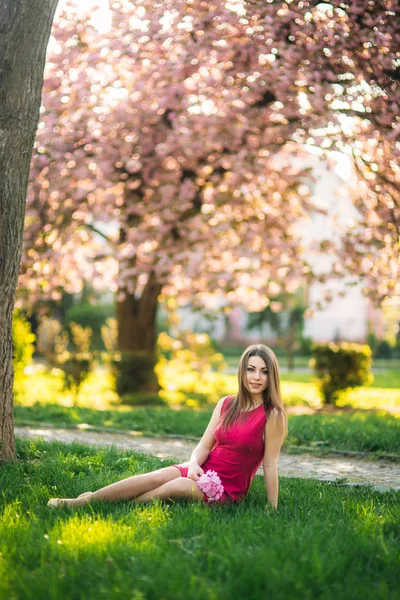 Gyönyörű lány pózol, hogy a fotós, a háttérben a virágzó rózsaszín fák. Tavaszi. Sakura — Stock Fotó