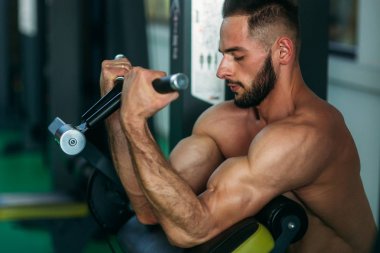 Genç bir atlet spor salonunda eğitiyor. Trians pazı muscules