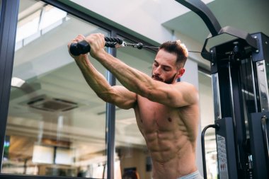 Genç bir atlet spor salonunda eğitiyor. Vücut geliştirmeci triceps muscules trenler