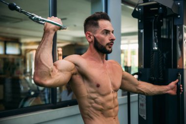 Genç bir atlet spor salonunda eğitiyor. Trians pazı muscules