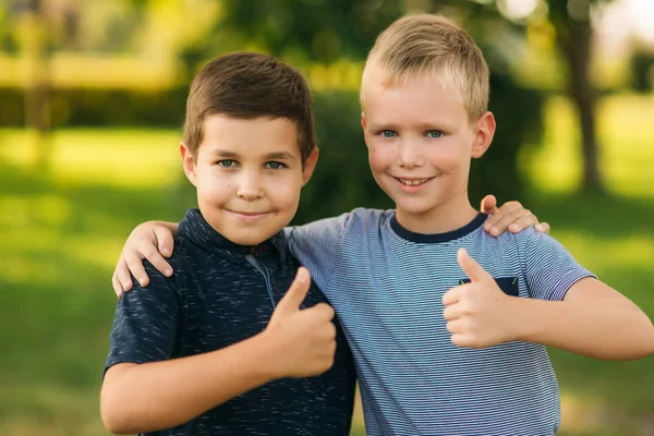 Two children are playing in the park. Two beautiful boys in T-shirts and shorts have fun smiling. They eat ice cream, jump, run. Summer is sunny