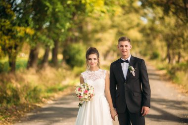 Güzel yeni evliler birbirlerine hayran ve öpüşme parkta yürüyüş