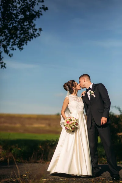 Couple de mariage se tient sur le fond bleu ciel — Photo