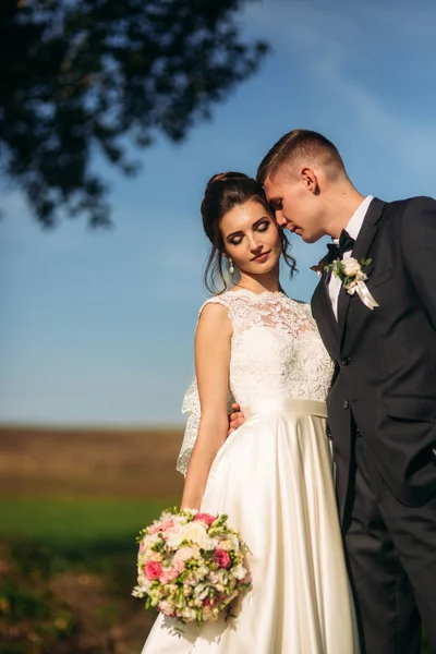 Couple de mariage se tient sur le fond bleu ciel — Photo