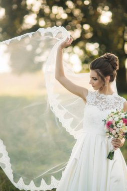 Güzel gelin buketi konumu alan büyük ağaç arka planda ortasında olan