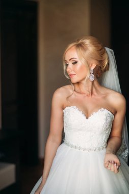 Güzel sarışın gelin fotoğrafçılara poz