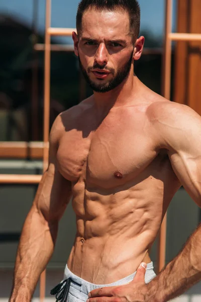 Young athlete posing with a torso for photography on a brick wall background. Bodybuilder, athlete with pumped muscles, breast and arm rescue