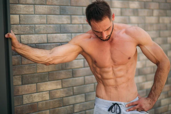 Joven atleta posando con un torso para la fotografía sobre un fondo de pared de ladrillo. Culturista, atleta con músculos bombeados, rescate de mama y brazo —  Fotos de Stock