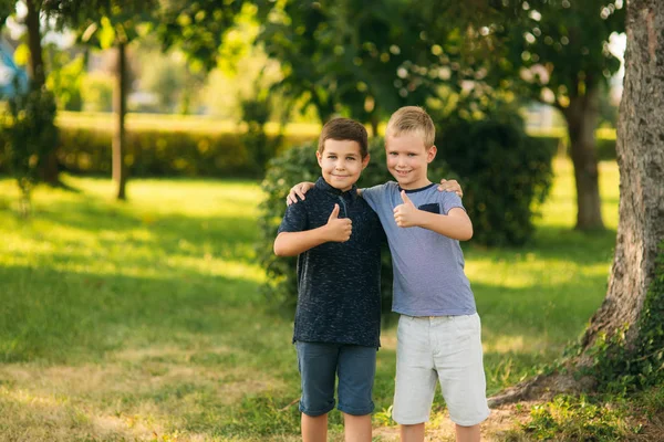 Due bambini stanno giocando nel parco. Due bei ragazzi in maglietta e pantaloncini si divertono a sorridere — Foto Stock