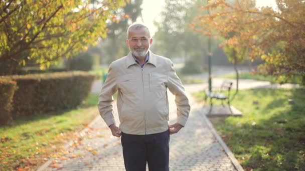 Idoso de casaco. Velho homem barbudo andando no parque de outono — Vídeo de Stock