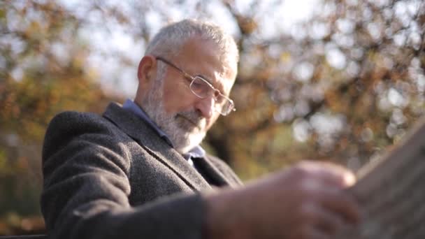 Knappe grootvader met een mooie baard in een grijs jasje zit op een bankje in het park en leest een krant. Senior grijsharige man met bril — Stockvideo