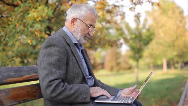 Senior-Geschäftsmann mit Laptop draußen. Älterer Mann in grauer Jacke benutzt Laptop im Park — Stockvideo