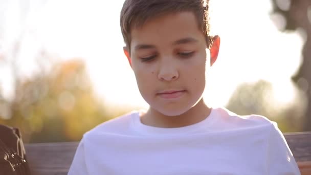 Teenage chlapec hrát online hry na jeho smartphone v parku po lekcích ve škole — Stock video