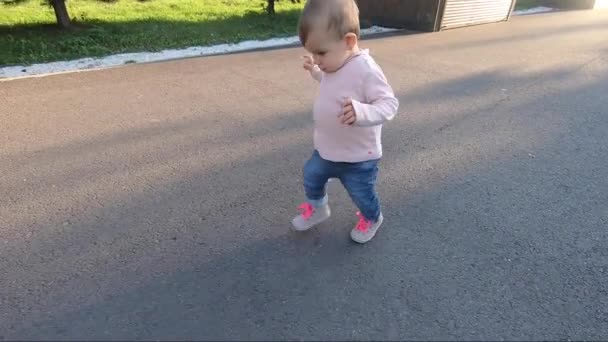 Adorabile passeggiata bambina nel parco in ottobre. Bella passeggiata di dieci mesi. Bella ragazza felice. Modo autunnale — Video Stock