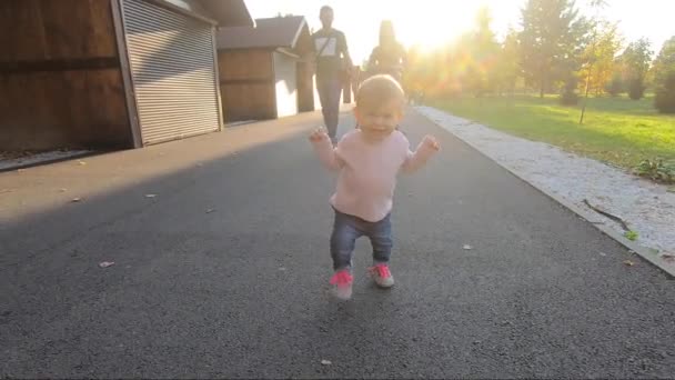 Adorável menina caminhar no parque em outubro. Bonito andar de bebê de dez meses. Menina feliz bonita. Humor de outono — Vídeo de Stock