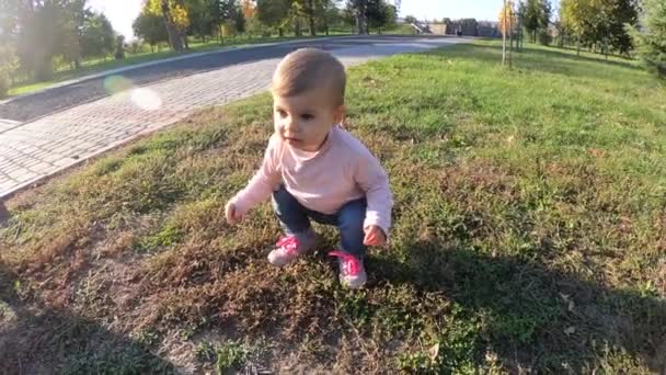 Bonito bebê menina ficar sobre bela árvore amarela e brincar com a folha na árvore — Vídeo de Stock