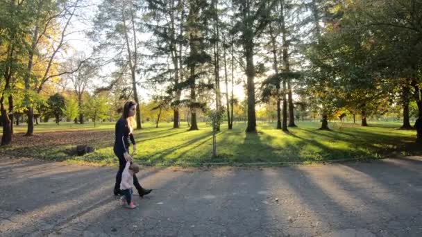 Очаровательная маленькая девочка, гуляющая в парке с мамой в октябре. Милая десятимесячная прогулка. Прекрасная счастливая девушка. Осеннее настроение — стоковое видео