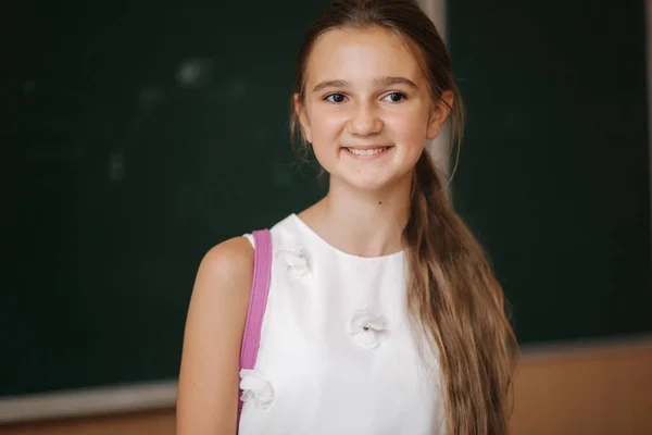 Mladá dívka ve škole. Krásná fena stojí před tabulí — Stock fotografie