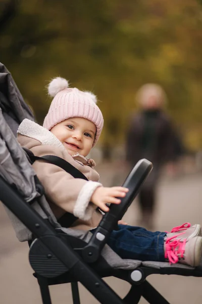 Lindo bebé en cochecito. Adorable niña en otoño sentada en su cochecito — Foto de Stock