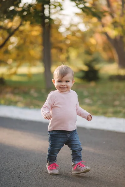 Schattig klein meisje loopt in oktober in de salon. Leuke tien maanden baby wandeling. Mooi gelukkig meisje. Herfst stemming — Stockfoto