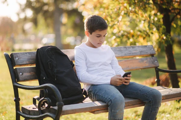 Schoolboy use phone in the park after lesson. Teenage boy use smartphone outside. Gold autumn