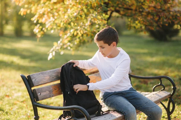 Bello adolescente prendere dal suo zaino powerbark per la ricarica dello smarphone. Carino ragazzo nel parco in autunno — Foto Stock