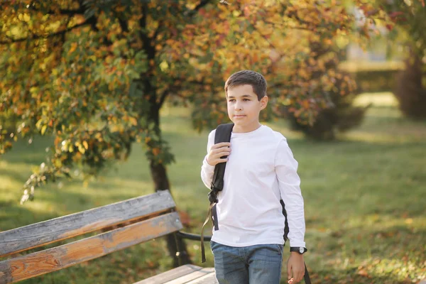 Lo scolaro va a scuola la mattina. Felice adolescente in camicia bianca con zaino nero andare a studiare — Foto Stock