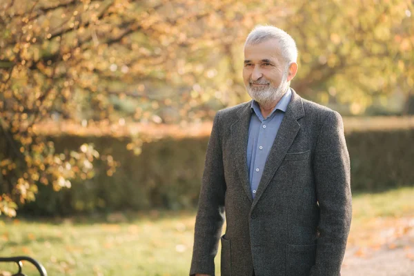 Un bel homme âgé portant une veste grise. Vieil homme barbu aux cheveux gris marche dans le parc d'automne. Fond jaune — Photo