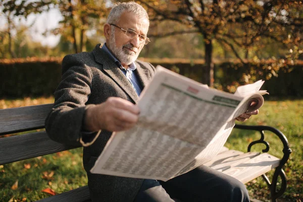 英俊的祖父，留着漂亮的胡子，穿着灰色的夹克，坐在公园的长椅上看报纸。 戴眼镜的高个子白发男子 — 图库照片