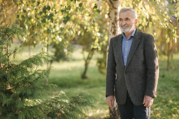 Portrait of happy elderly man in the park. Gray-haired bearded man in gray jacket — Stock Photo, Image